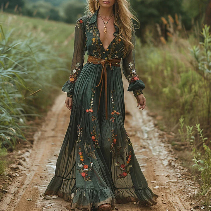 Damska sukienka maxi boho w kwiaty - elegancka letnia sukienka