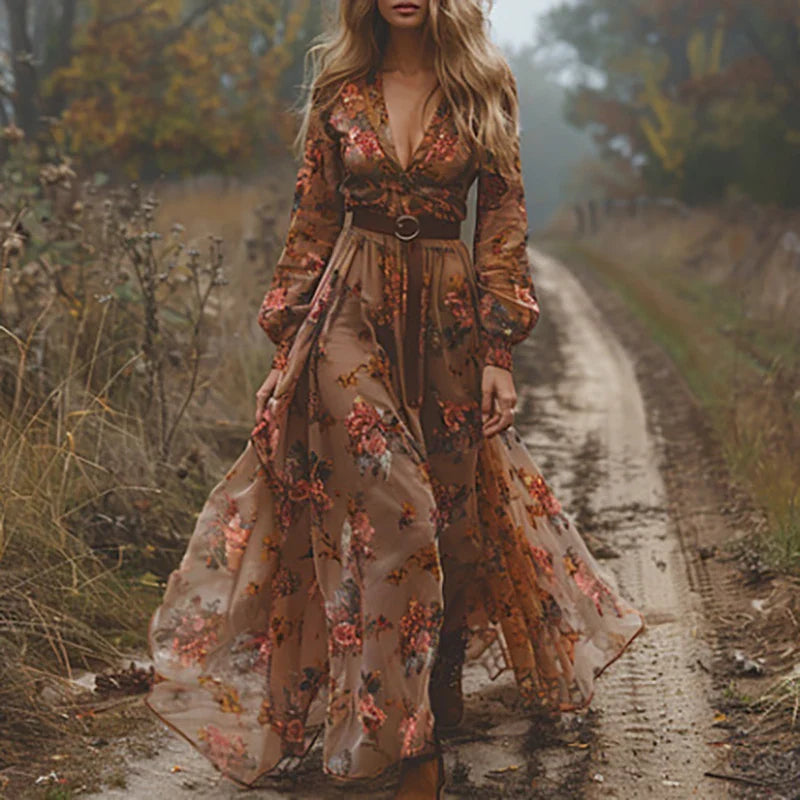 Damska sukienka maxi boho w kwiaty - elegancka letnia sukienka