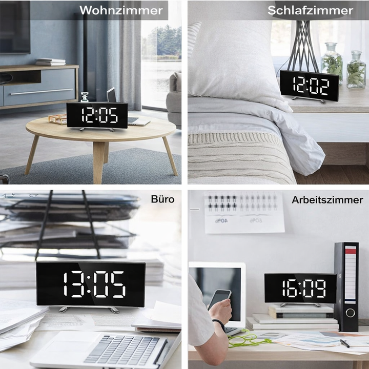 Zegar cyfrowy | Budzik LED z lustrem | Automatyczne ściemnianie bez oślepiania | CurveClock
