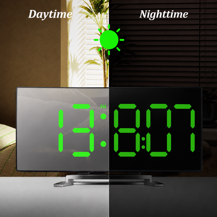 Zegar cyfrowy | Budzik LED z lustrem | Automatyczne ściemnianie bez oślepiania | CurveClock