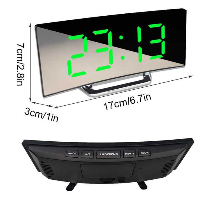 Zegar cyfrowy | Budzik LED z lustrem | Automatyczne ściemnianie bez oślepiania | CurveClock