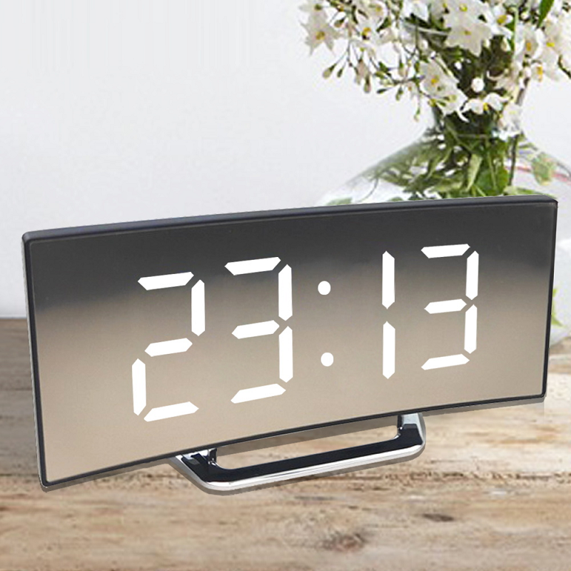 Zegar cyfrowy | Budzik LED z lustrem | Automatyczne ściemnianie bez oślepiania | CurveClock