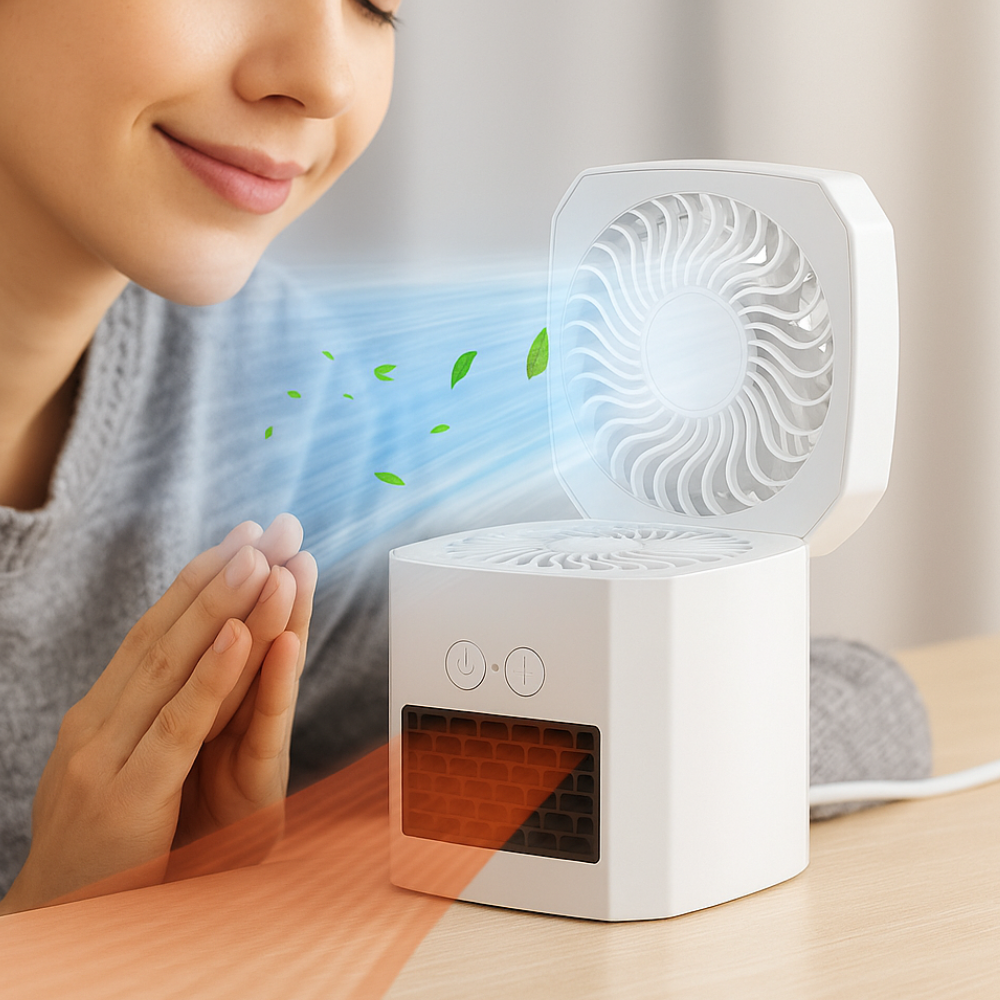 Kwadratowa mini grzejka 400W na biurko, cicha i lekka