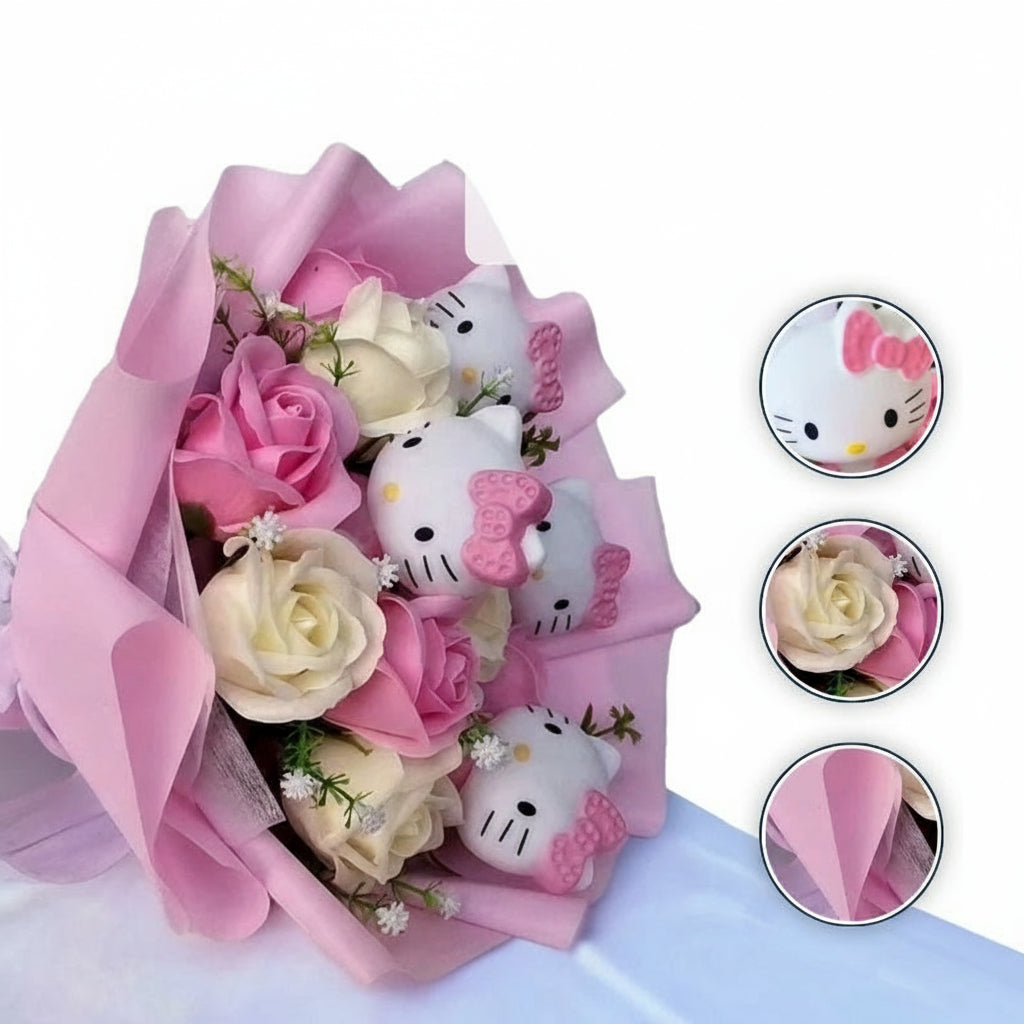 Bukiet sztucznych kolorowych kwiatów z figurkami Kitty na prezenty i dekorację