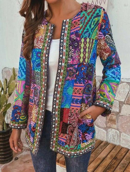 Kardigan damski o otwartym kroju z patchworkowymi wstawkami