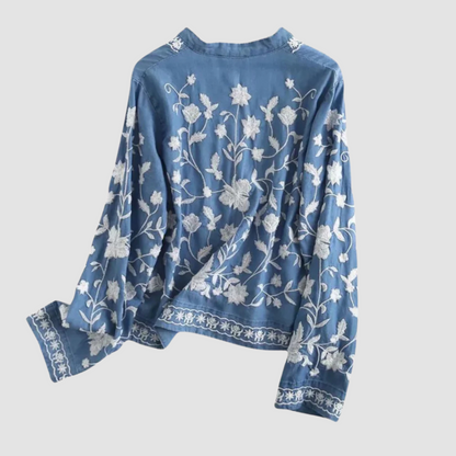 Kardigan damski z haftem roślinnym i zapięciem na guziki