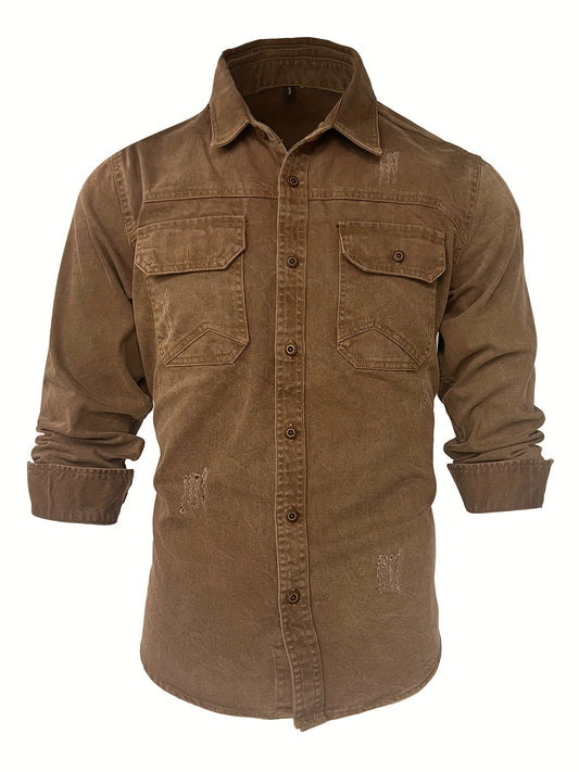 Koszula męska codzienna z kieszeniami z klapkami i miejscowymi przetarciami
