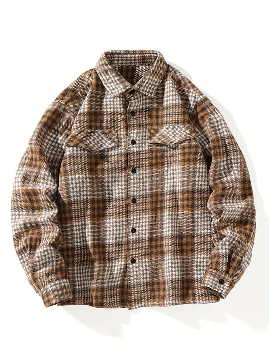 Koszula męska codzienna z kieszeniami z klapkami i wzorem w kratkę