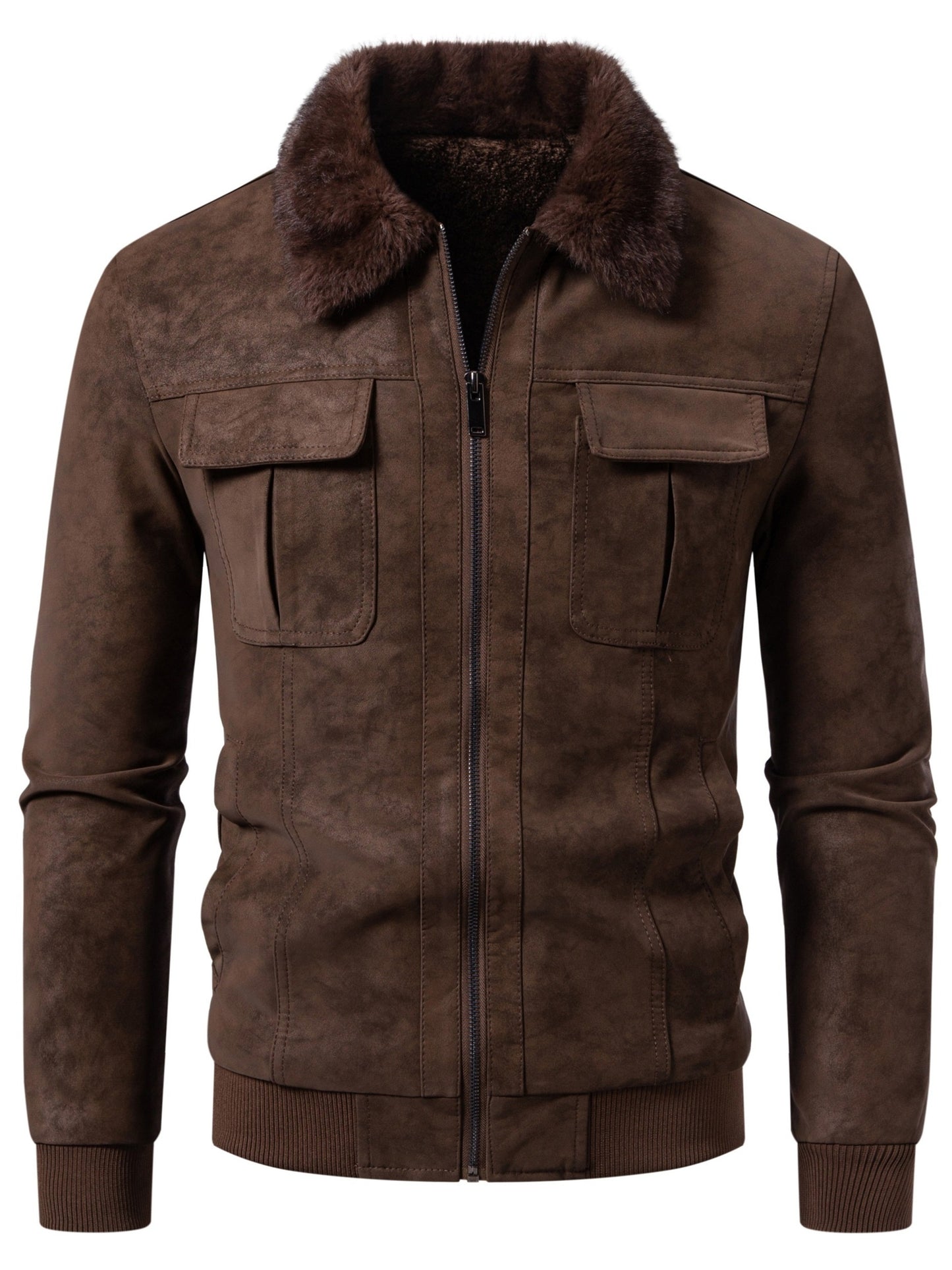 Kurtka męska zimowa z kołnierzem z krótkim włosiem i kieszeniami z klapami