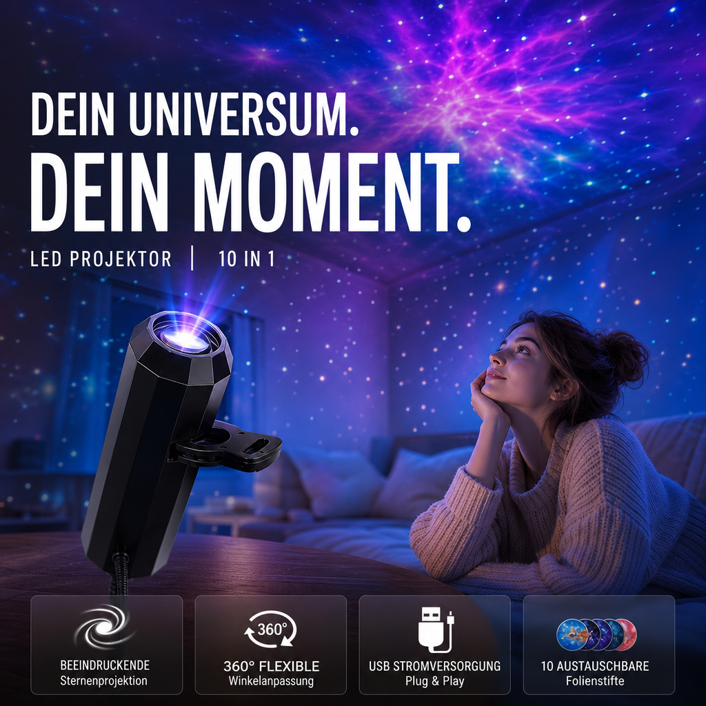 Projektor gwiazd lampka nocna z 10 wymiennymi foliami, zasilany USB