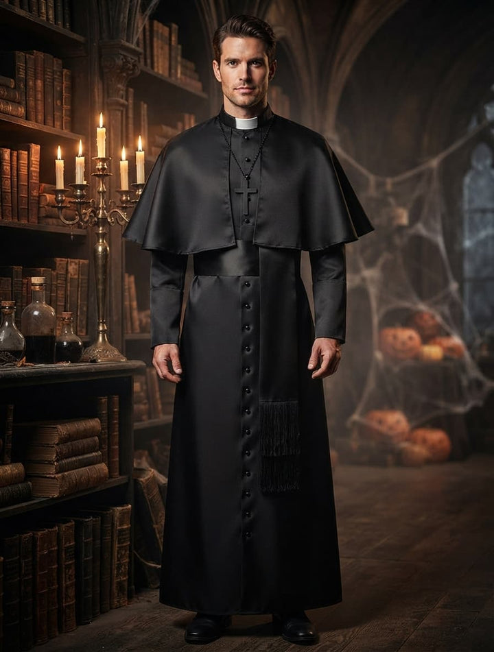 Męski kostium księdza na Halloween z długą szatą, peleryną i krzyżem