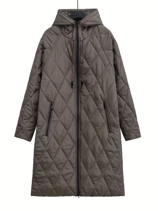 Płaszcz damski pikowany z kapturem i rombowym układem przeszyć