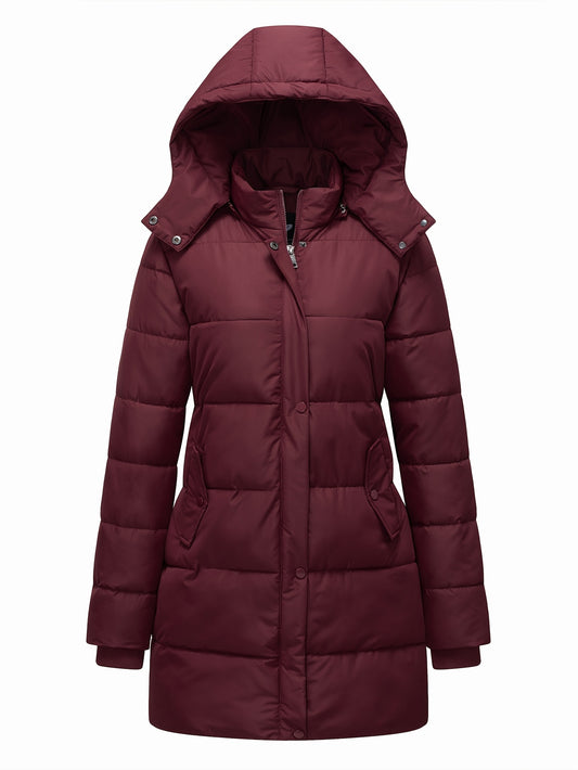 Płaszcz damski pikowany z panelem zapinanym na napy i szerokim kapturem