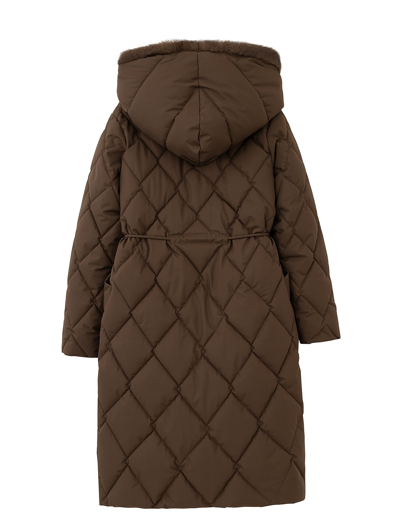 Płaszcz damski pikowany z wiązaniem w talii i dużym kapturem