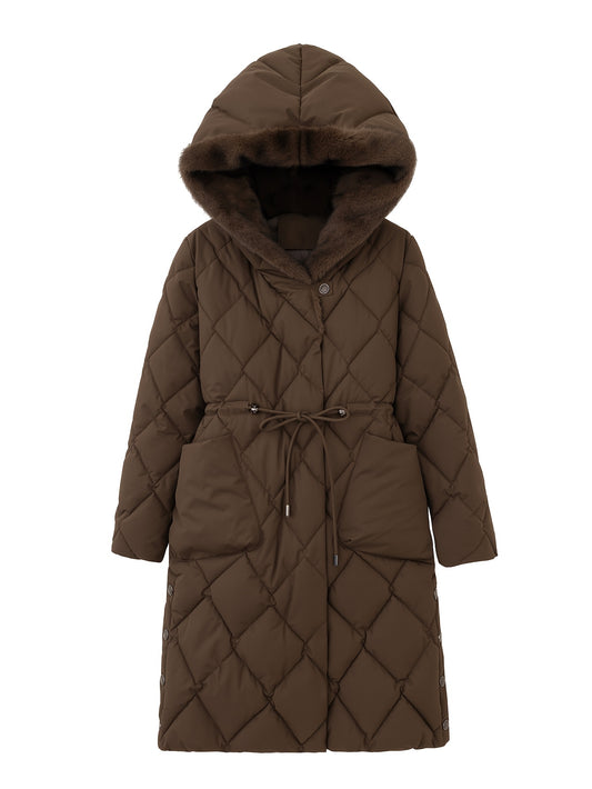 Płaszcz damski pikowany z wiązaniem w talii i dużym kapturem