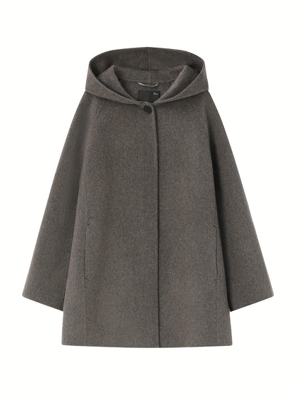 Płaszcz damski z kapturem i pojedynczym guzikiem przy dekolcie
