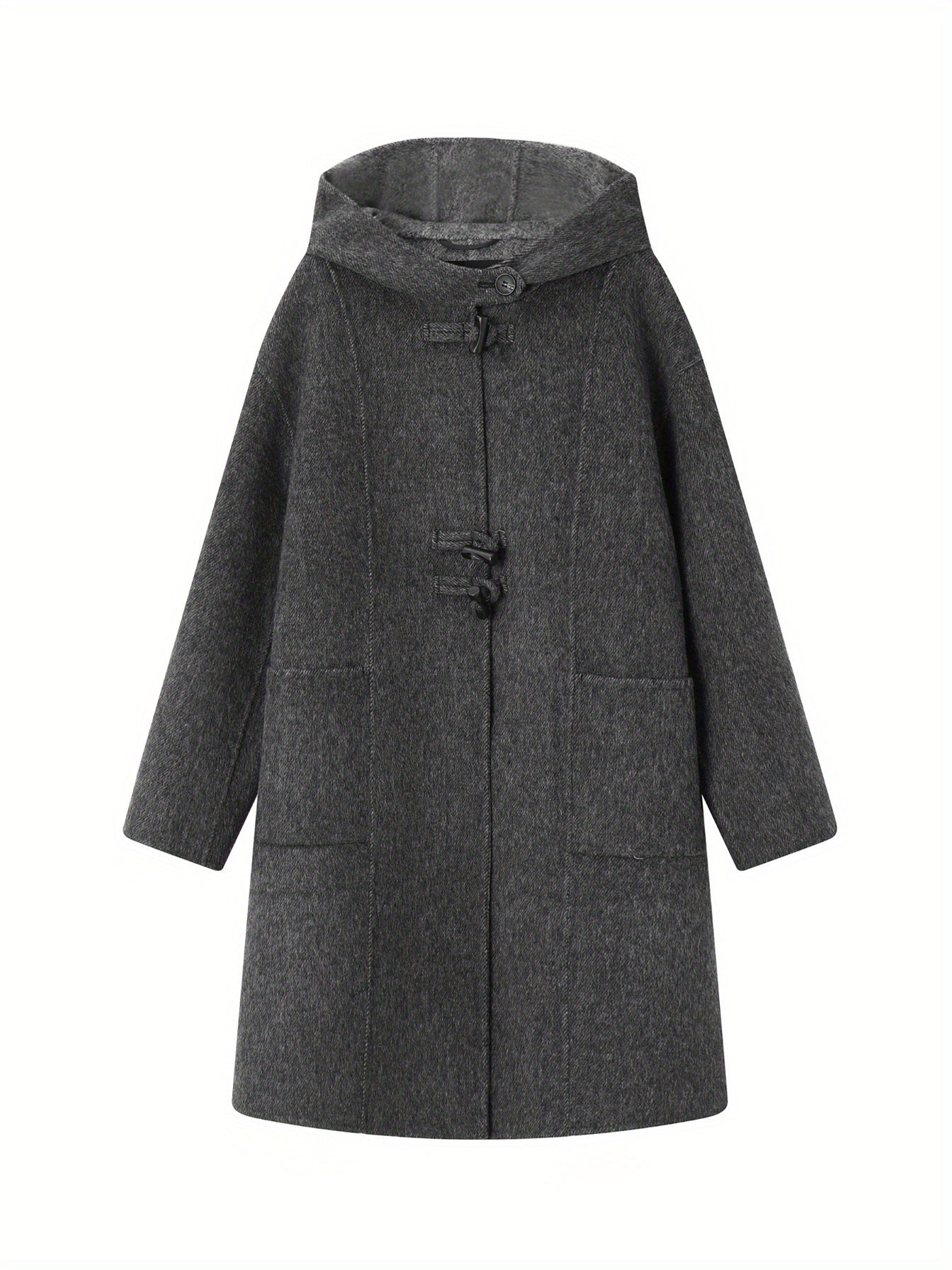 Płaszcz damski z kapturem i trzema pętlowymi zapięciami