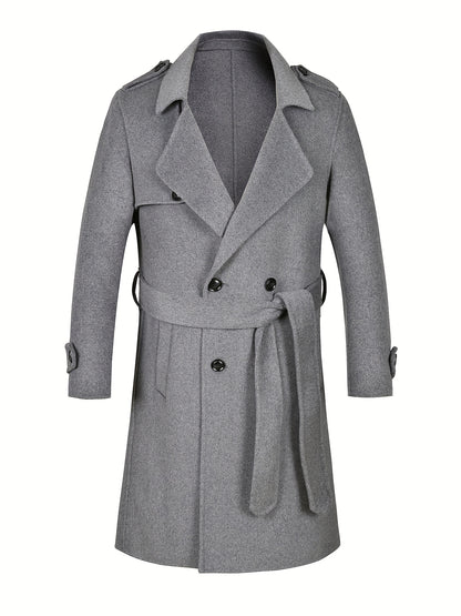 Płaszcz męski dwurzędowy z paskiem i pagonami z cienkiej tkaniny