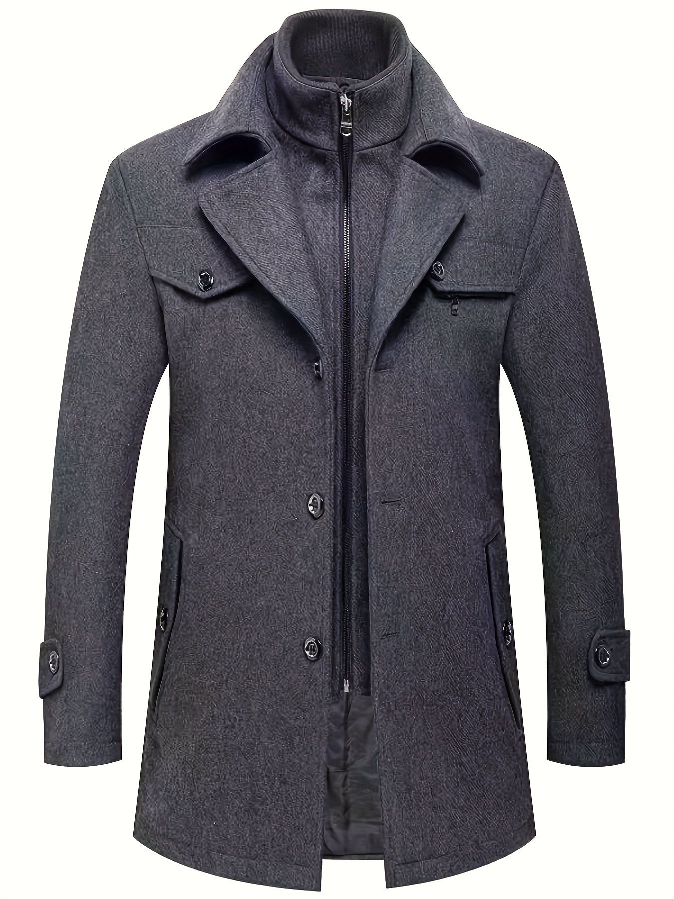 Płaszcz męski z kołnierzem klasycznym panelem na zamek i patkami na rękawach