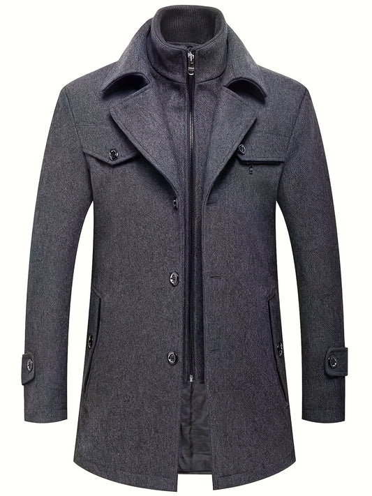Płaszcz męski z kołnierzem klasycznym panelem na zamek i patkami na rękawach