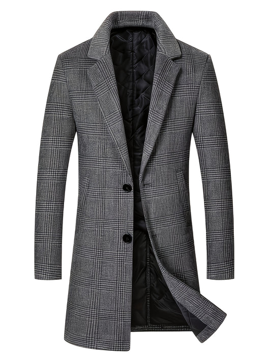 Płaszcz męski z kołnierzem klasycznym wzorem w kratkę i pikowaną podszewką