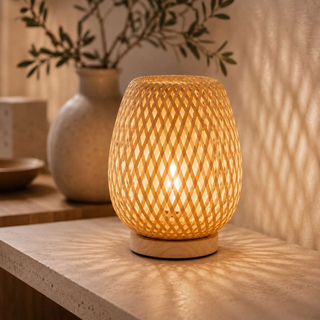 Bezprzewodowa lampa stołowa z bambusa - skandynawska ściemnialna LED z 3 barwami światła