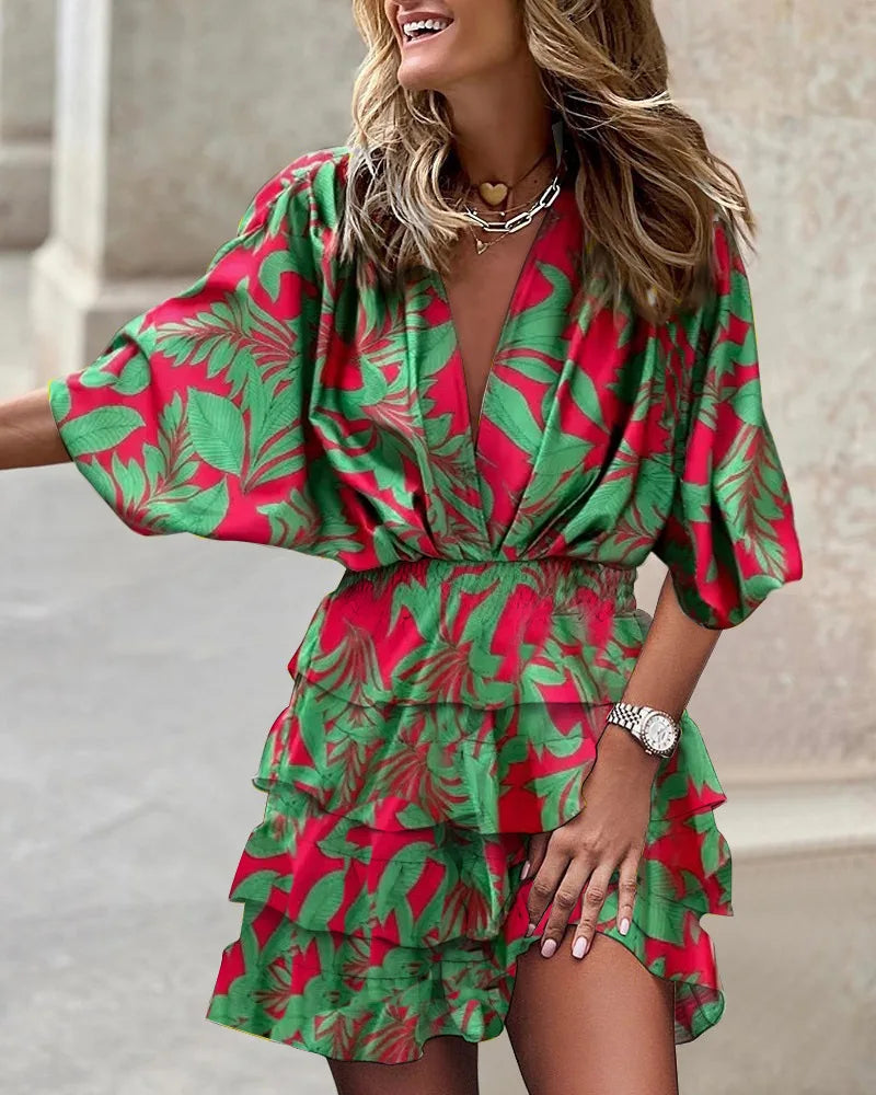 Kwiatowy Print Ruffle Tiered Wrap Dress