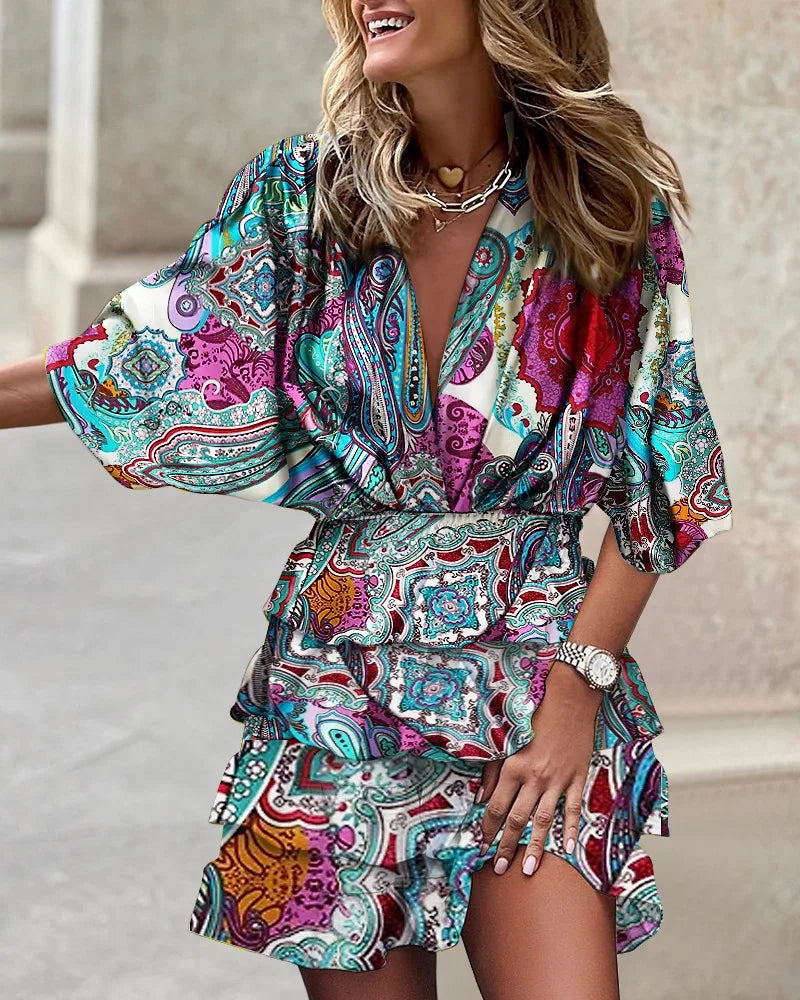 Kwiatowy Print Ruffle Tiered Wrap Dress