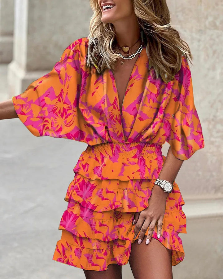 Kwiatowy Print Ruffle Tiered Wrap Dress