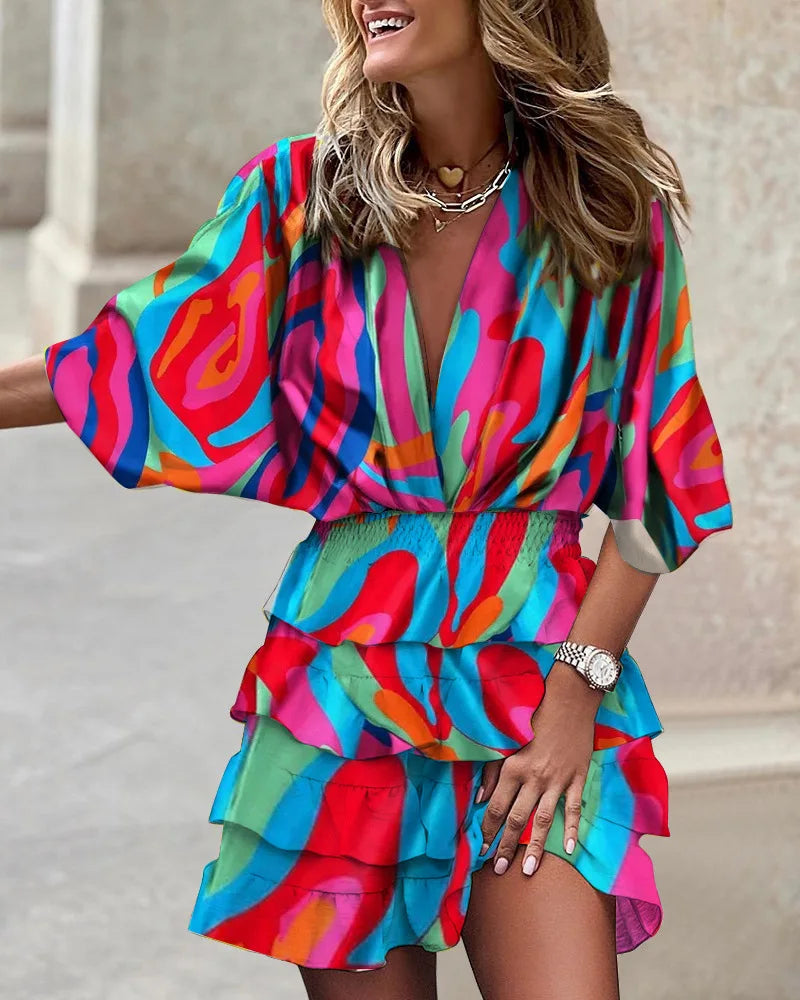 Kwiatowy Print Ruffle Tiered Wrap Dress