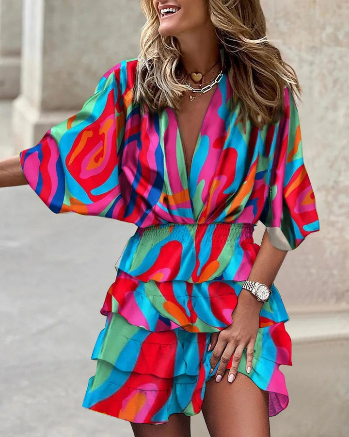 Kwiatowy Print Ruffle Tiered Wrap Dress