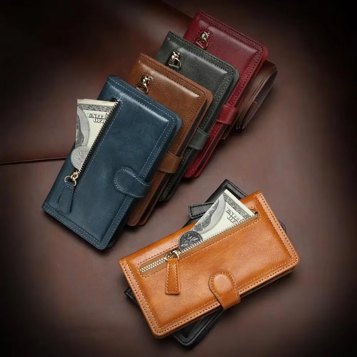 Premium skórzane etui flip z portfelem i podstawką do iPhone'a