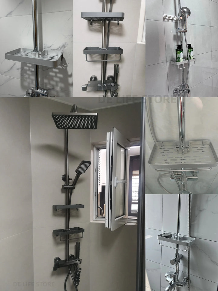 AquaFix półka prysznicowa bez wiercenia – podwójna półka aluminiowa | Z drążkiem na ręczniki | Nierdzewna &amp; oszczędzająca miejsce