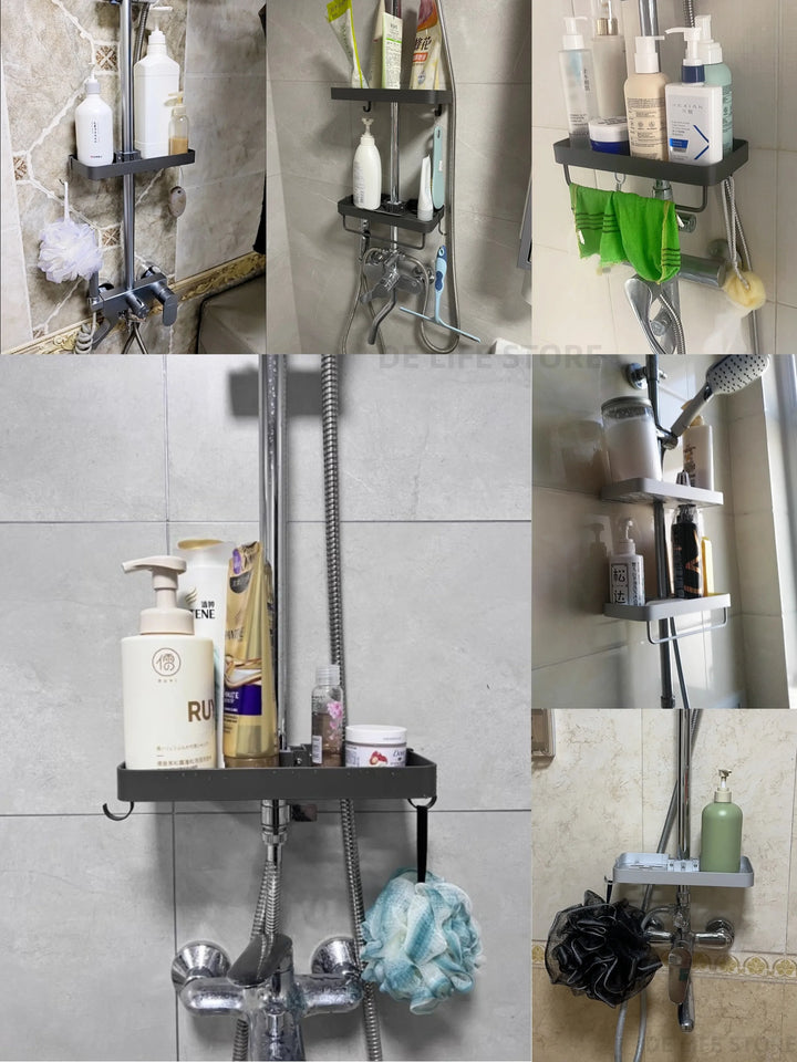 AquaFix półka prysznicowa bez wiercenia – podwójna półka aluminiowa | Z drążkiem na ręczniki | Nierdzewna &amp; oszczędzająca miejsce