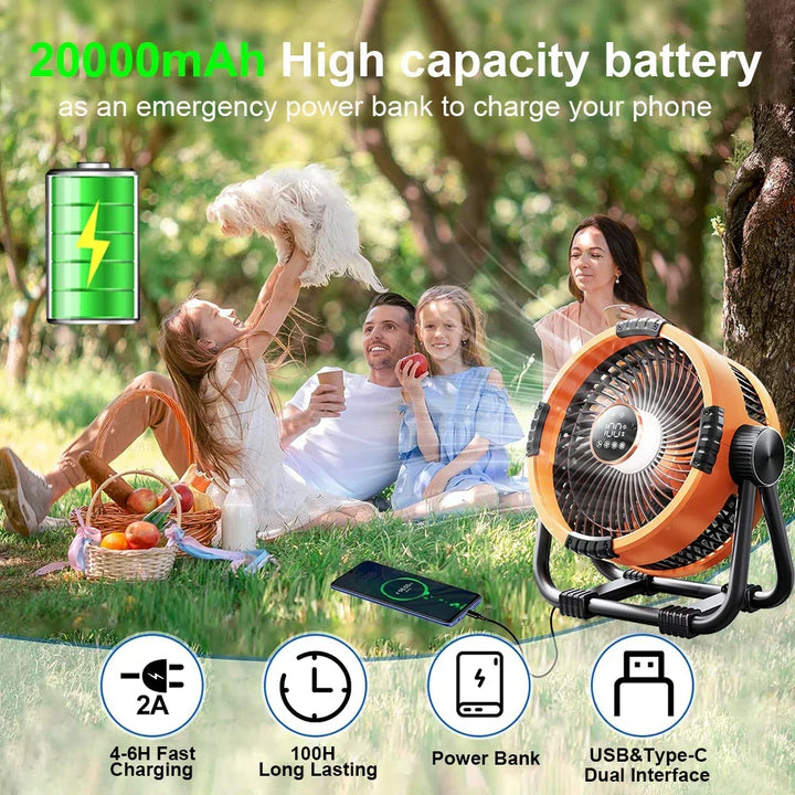 Wentylator kempingowy z akumulatorem 20000 mAh, światłem LED i pilotem – WindMate