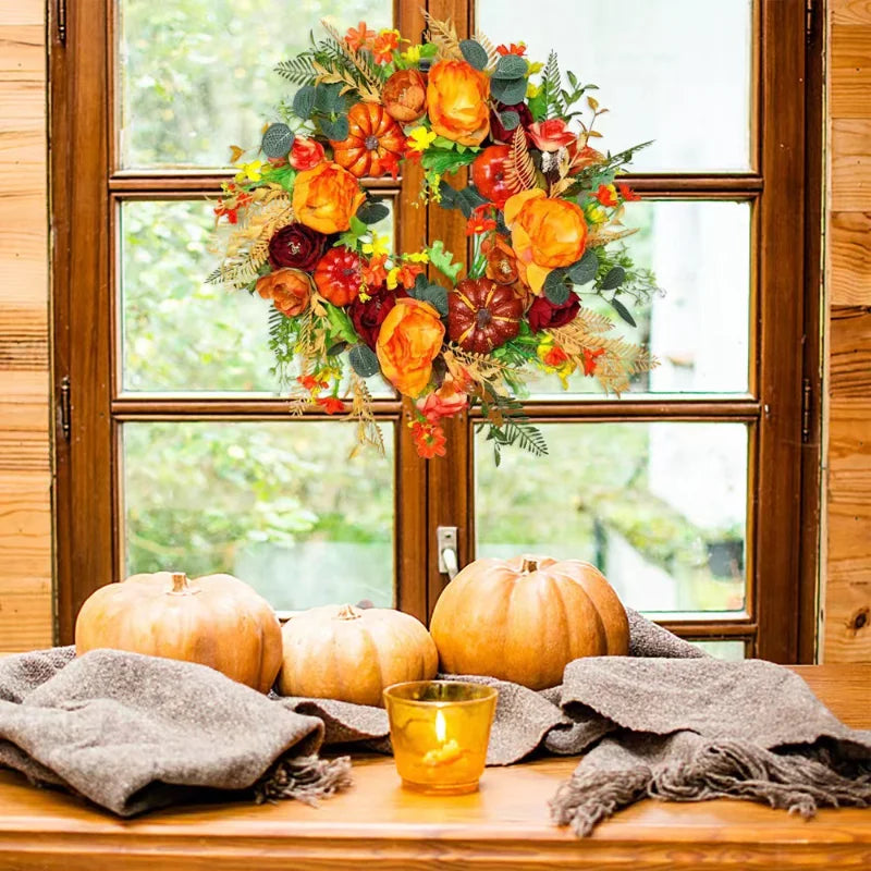 Autumna Charm Wieniec Jesienny | Dynia i Rattan | 40 cm | Rękodzielnicza dekoracja na jesień i Święto Dziękczynienia