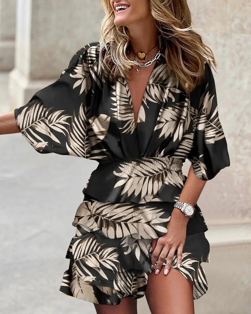 Kwiatowy Print Ruffle Tiered Wrap Dress