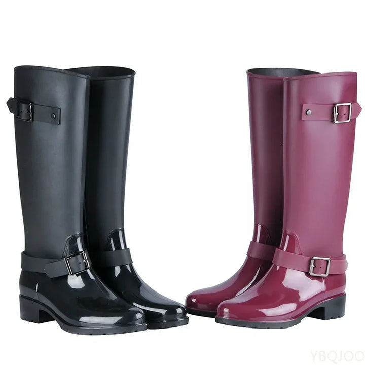 Damskie wysokie kalosze wodoodporne z klamrami i słupkiem – Elenya