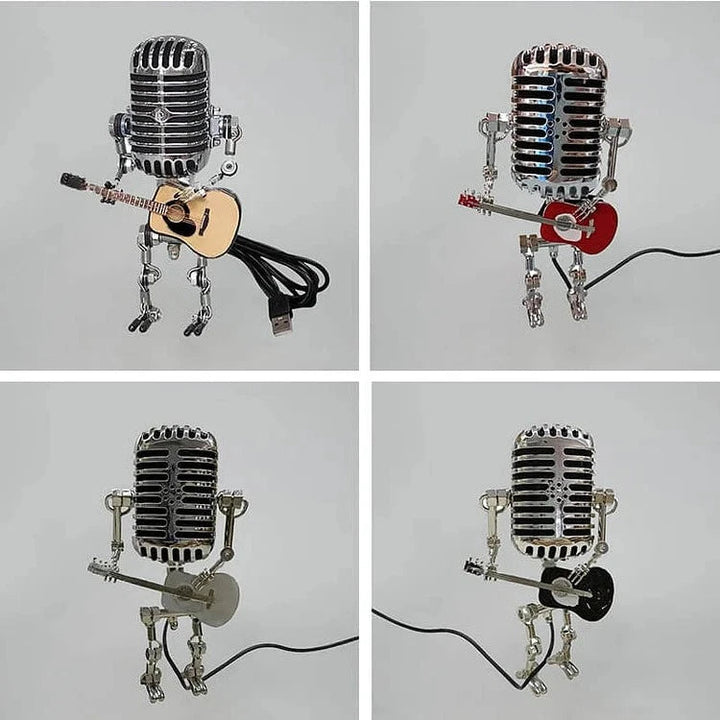 Stary metalowy robot z mikrofonem i lampą gitarową