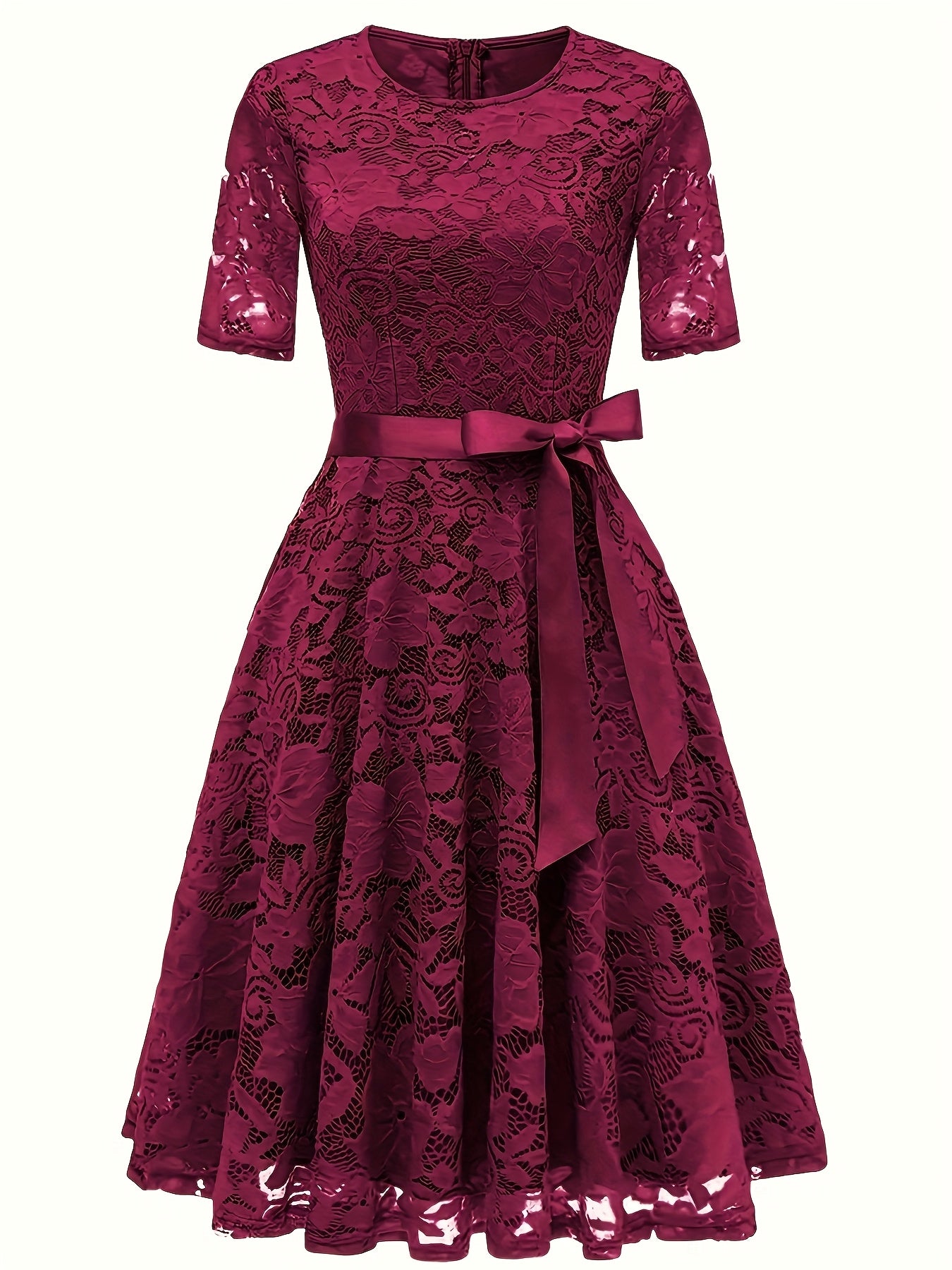 Sukienka damska midi z ażurowym wzorem i pasem wiązanym w talii