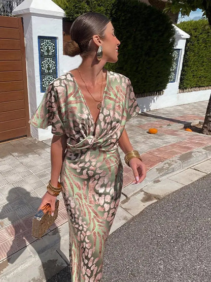 Sukienka damska midi z dekoltem v i marszczeniem przy talii