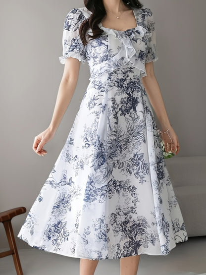 Sukienka damska midi z falą przy dekolcie i wzorem roślinnym