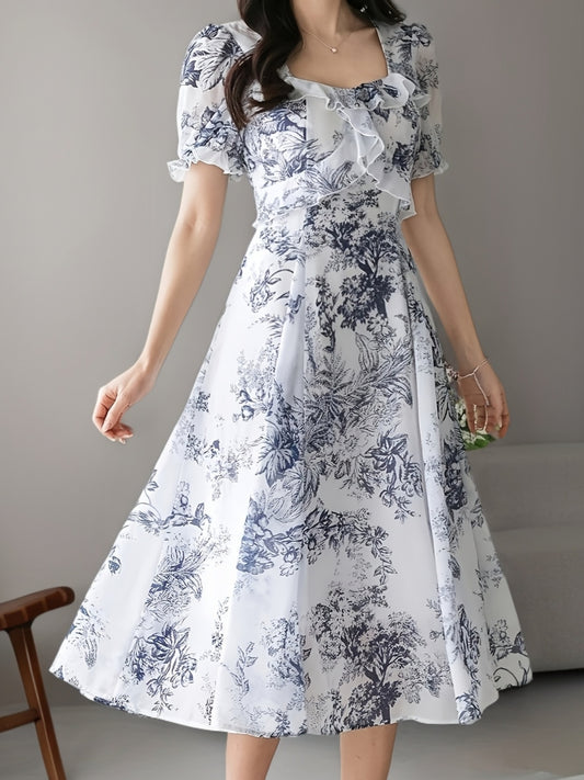 Sukienka damska midi z falą przy dekolcie i wzorem roślinnym