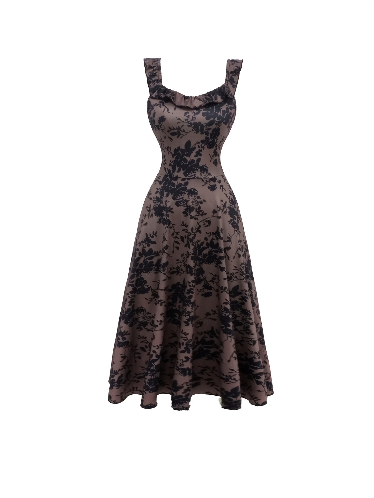 Sukienka damska midi z marszczonymi ramiączkami i wzorem roślinnym