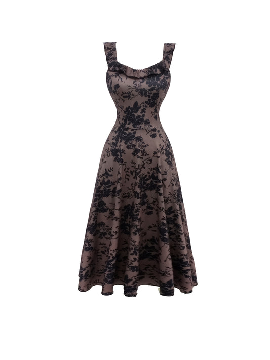 Sukienka damska midi z marszczonymi ramiączkami i wzorem roślinnym