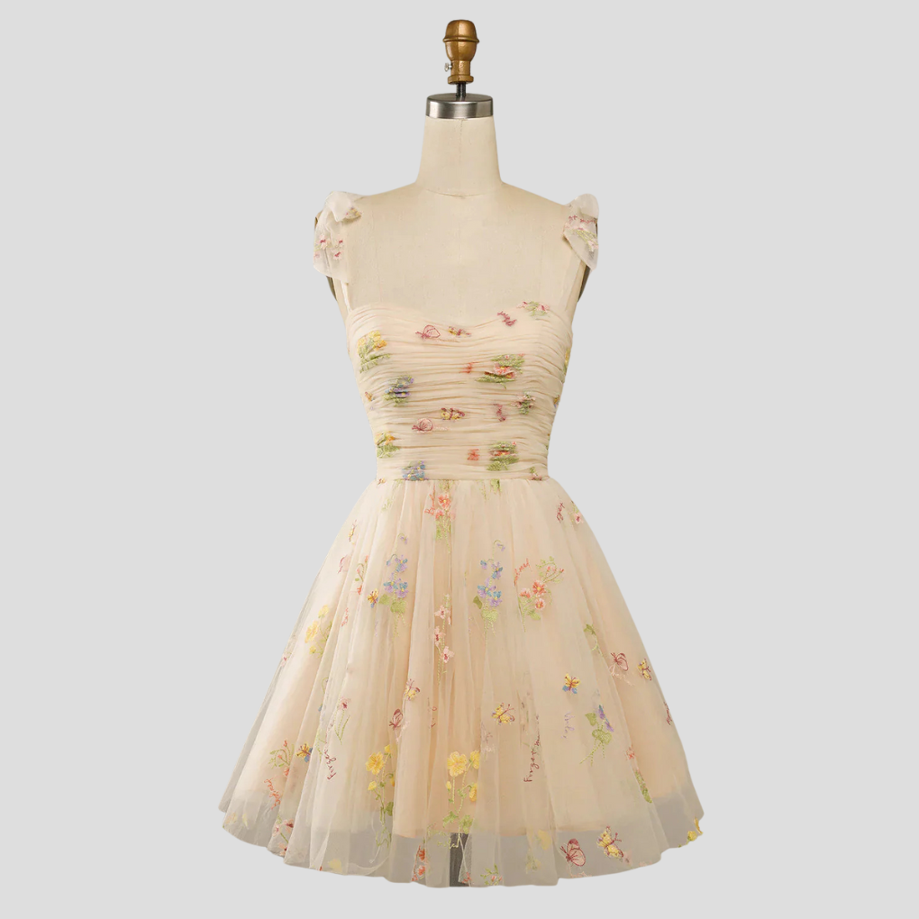 Sukienka damska mini z marszczoną górą i haftowaną warstwą tiulu