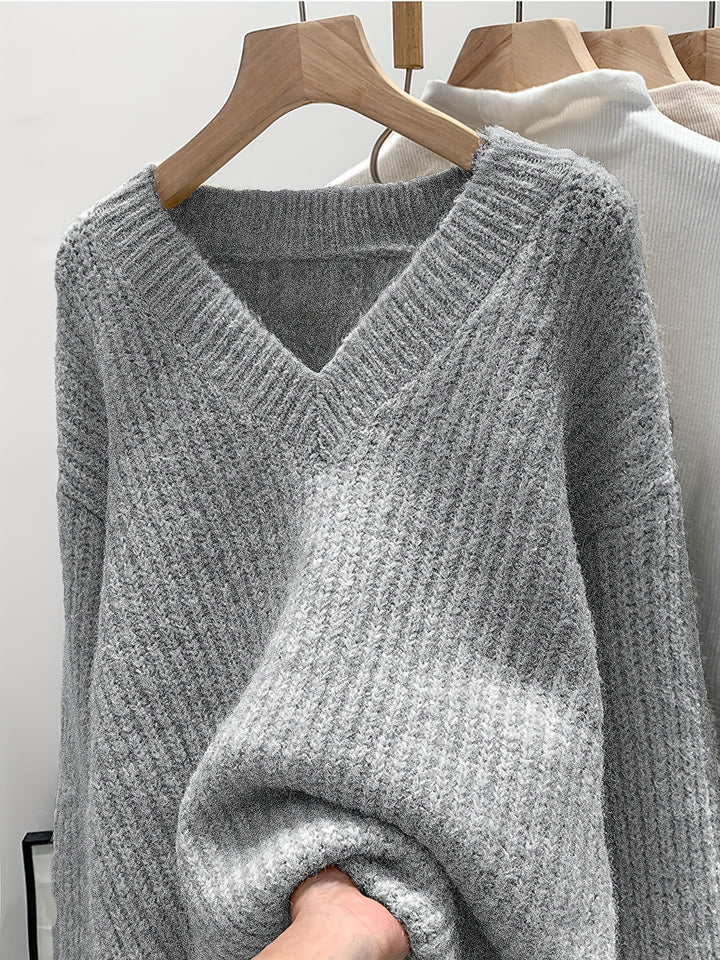 Sweter damski z dekoltem V z grubym włóknistym splotem i ściągaczami