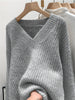 Sweter damski z dekoltem V z grubym włóknistym splotem i ściągaczami