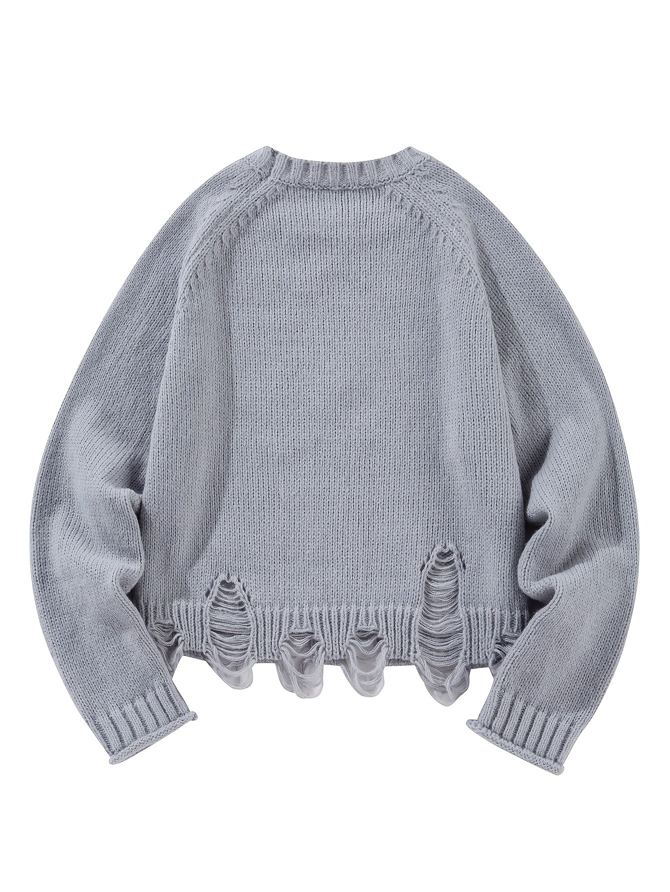 Sweter damski z okrągłym dekoltem z dekoracyjnymi przetarciami i równomiernym splotem