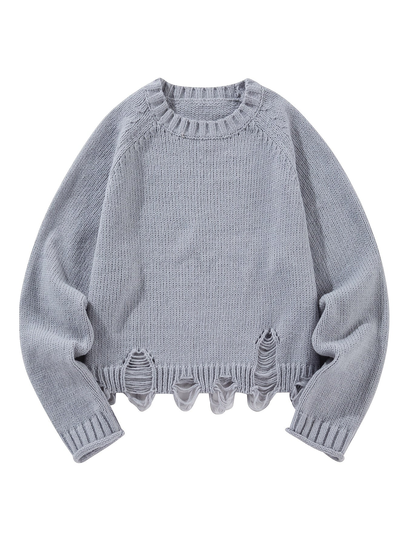 Sweter damski z okrągłym dekoltem z dekoracyjnymi przetarciami i równomiernym splotem